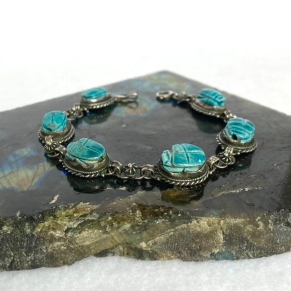 VTG Sterling Silver 925 Faience Glazed Ceramic Blue Scarab Link Bracelet 7" - Picture 3 of 16